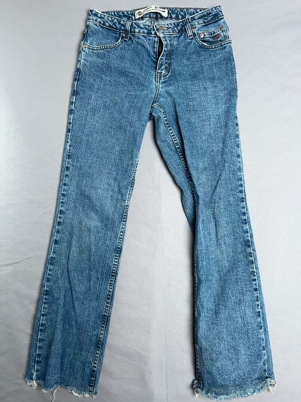 Vtg Y2K Harley Davidson Bootcut Jeans Sz 4 Blue Frayed Hem Biker Denim 2005